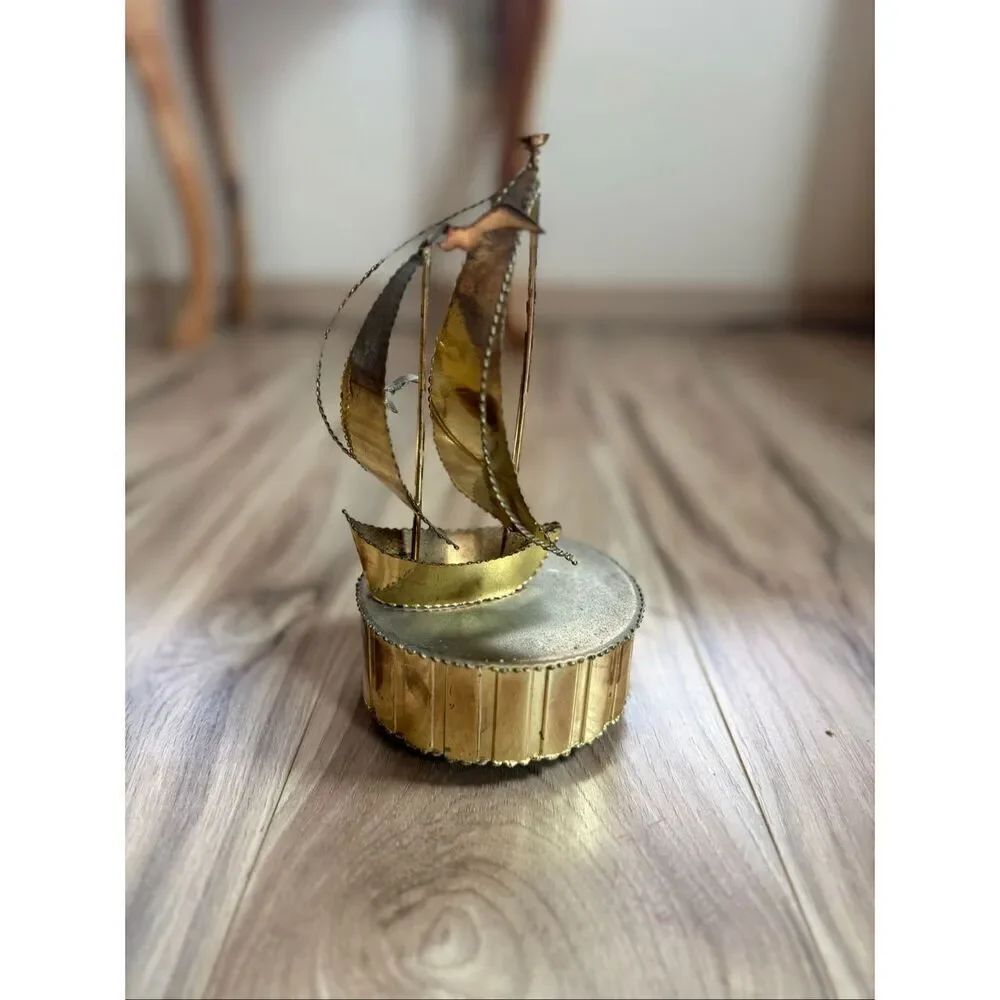 Vintage Brass Musical Sailboat: Revolving Brutalist Decor